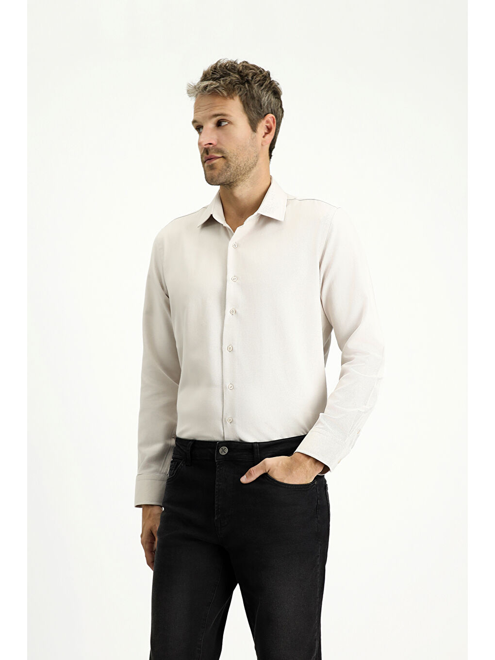 Bej Uzun Kol Slim Fit Klasik Yaka Oxford Pamuklu Kolay Ütülenebilir Büyük Beden Gömlek