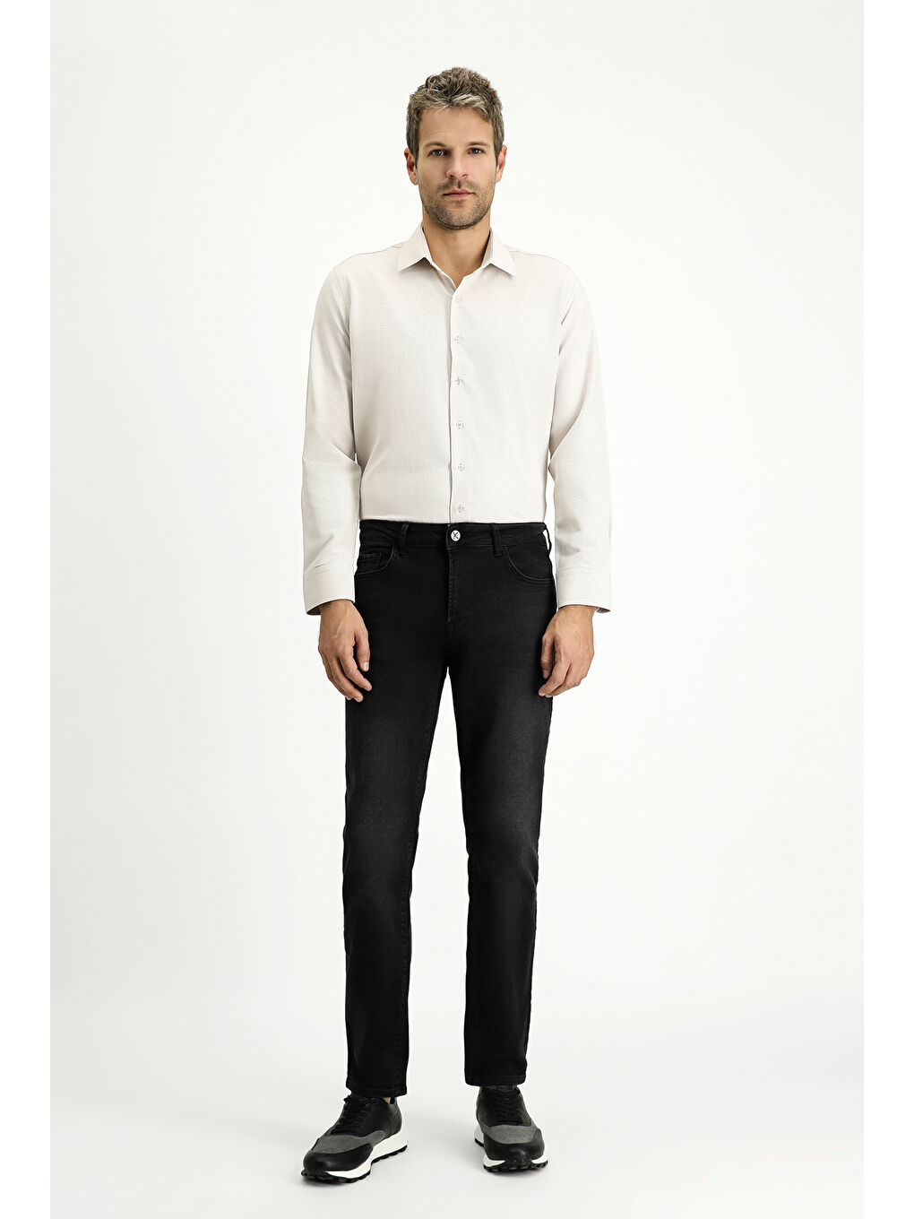 Bej Uzun Kol Slim Fit Klasik Yaka Oxford Pamuklu Kolay Ütülenebilir Büyük Beden Gömlek-1