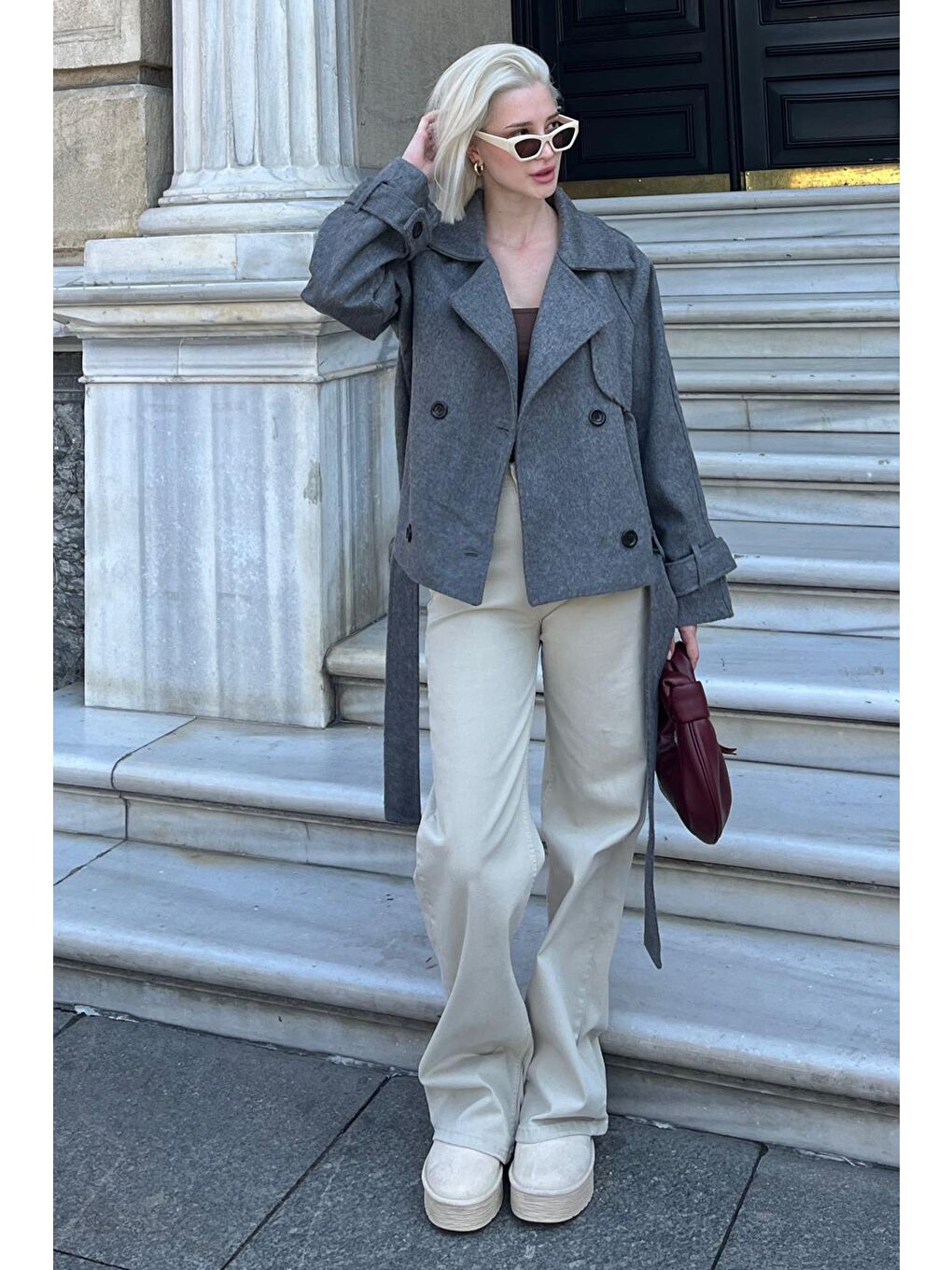 Antrasit Düğmeli Kruvaze Yaka Kısa Kemerli Ceket Mg2174-3