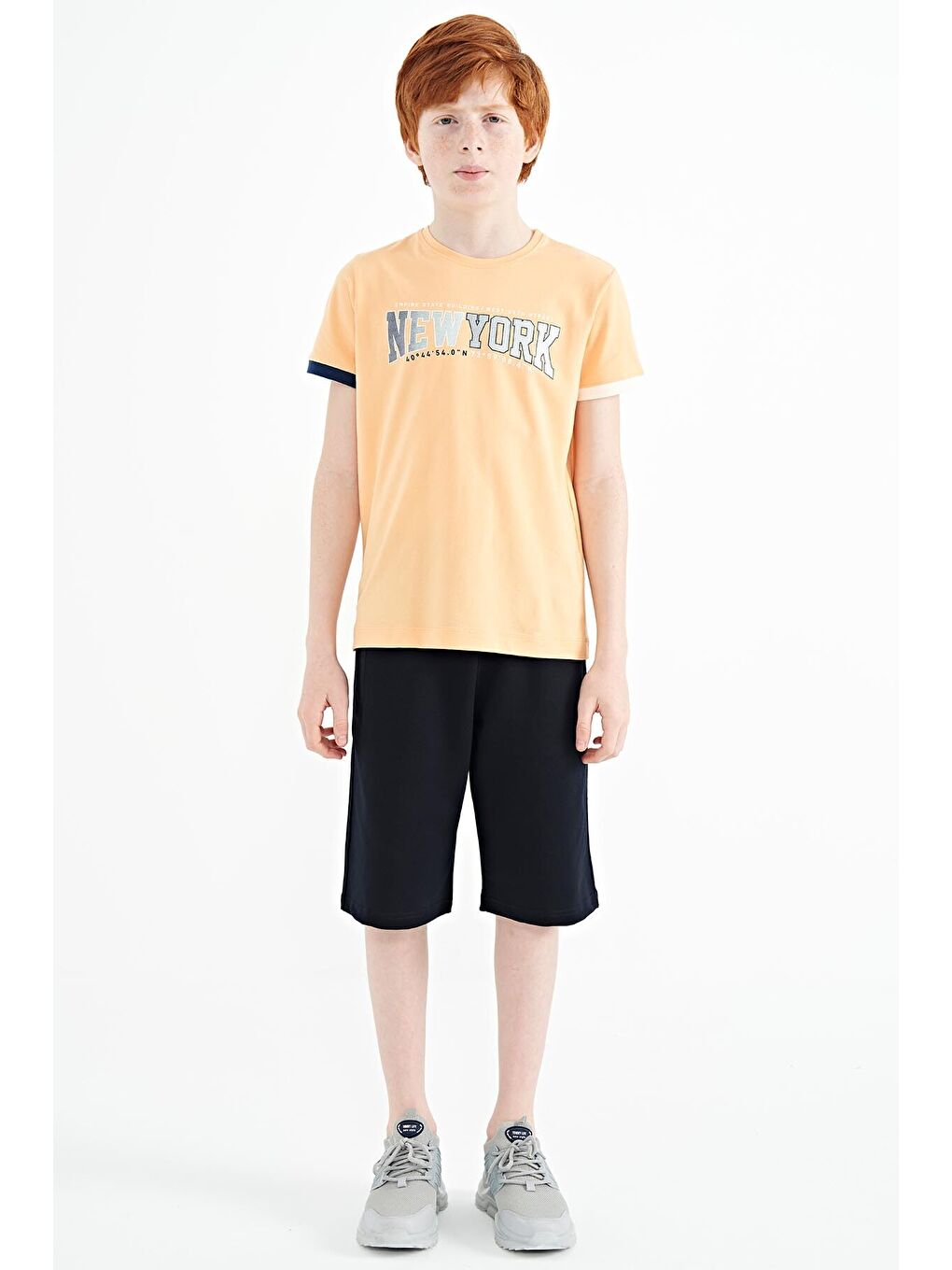 Turuncu Kavun Içi Yazı Baskılı Standart Kalıp O Yaka Erkek  Çocuk Tişört - 11105-1