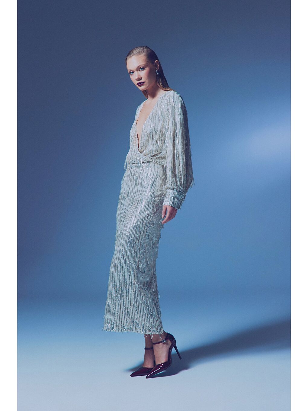 Gri Uzun Payetli Etek - Gümüş-2