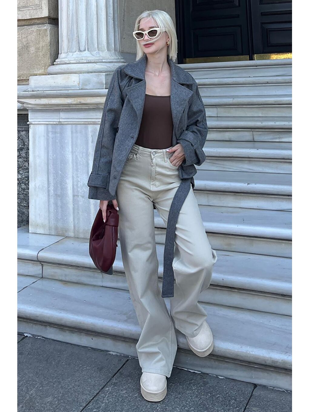 Antrasit Düğmeli Kruvaze Yaka Kısa Kemerli Ceket Mg2174-2