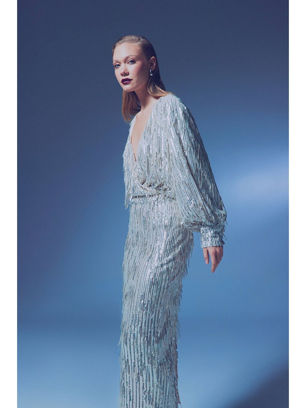 Gri Uzun Payetli Etek - Gümüş-3