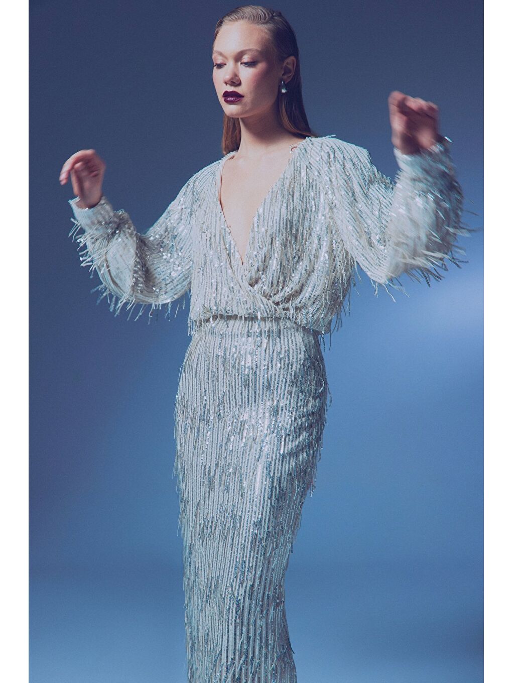 Gri Uzun Payetli Etek - Gümüş-4