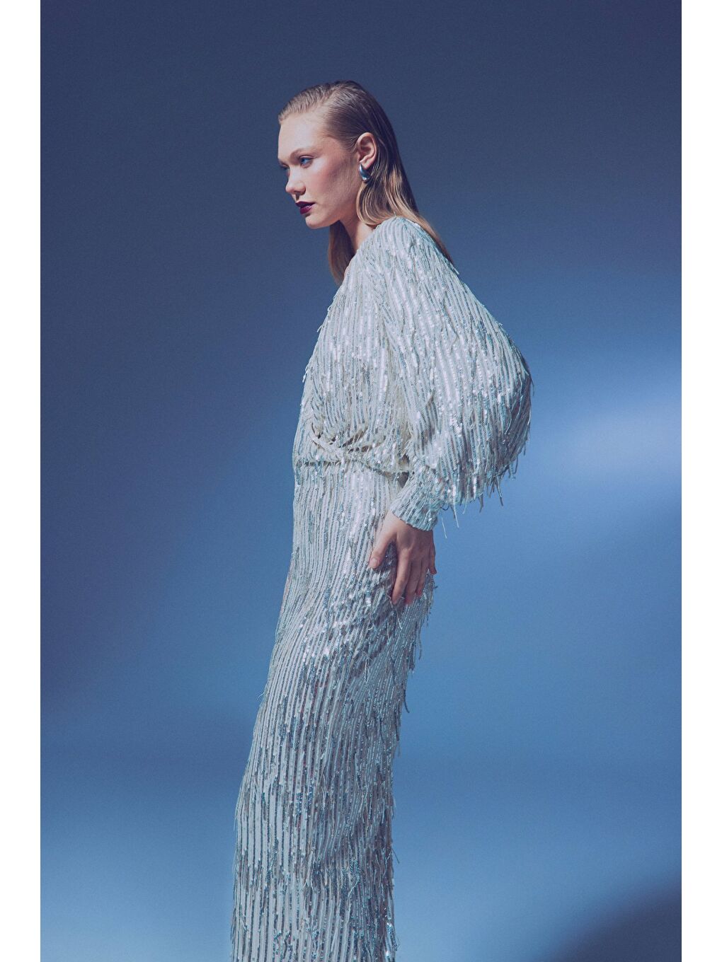 Gri Uzun Payetli Etek - Gümüş-5