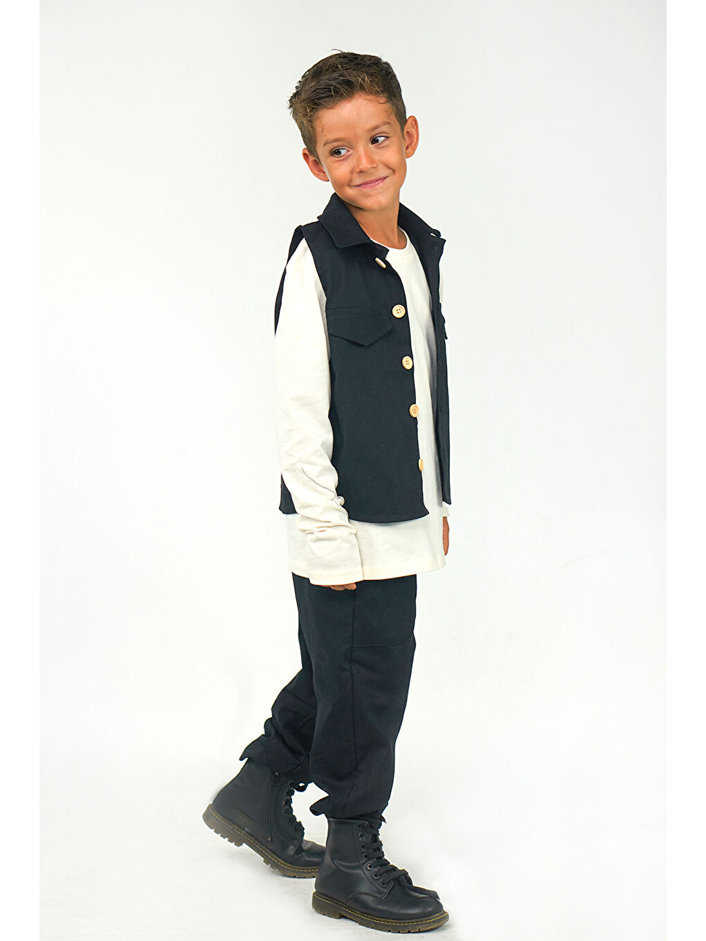 Catz Kids Siyah-Beyaz 3'lü Set Siyah Gabardin Spor Yelek + Siyah Gabardin Boyfriend Pantolon + Beyaz 2 İplik Sweat - 2