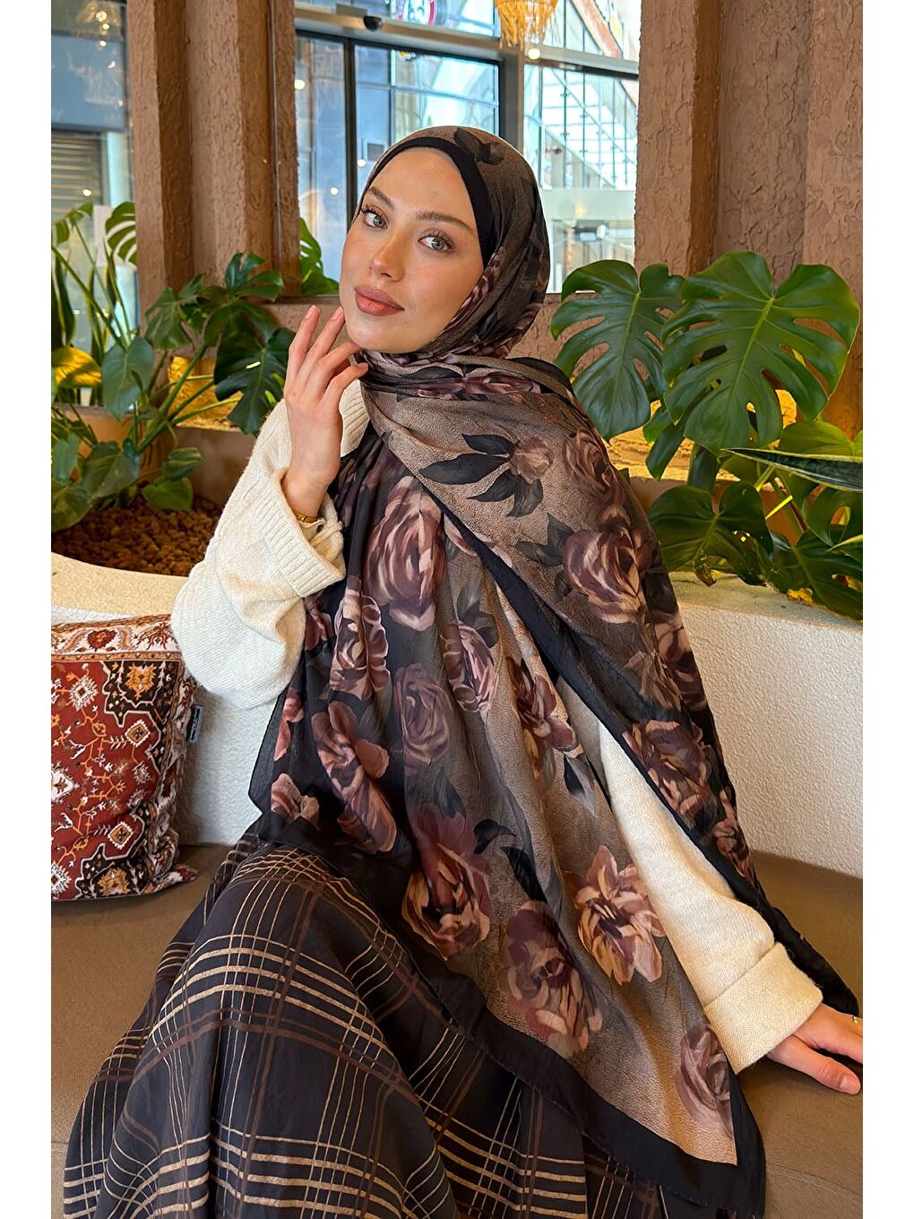 Çiçek Desen Bambu Şal Koyu Yeşil-1