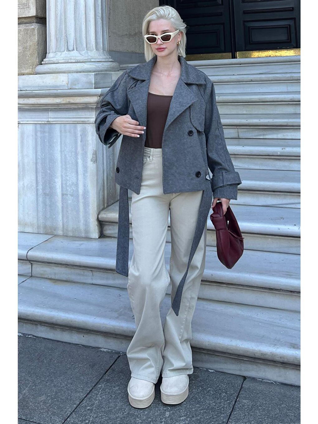 Antrasit Düğmeli Kruvaze Yaka Kısa Kemerli Ceket Mg2174-4