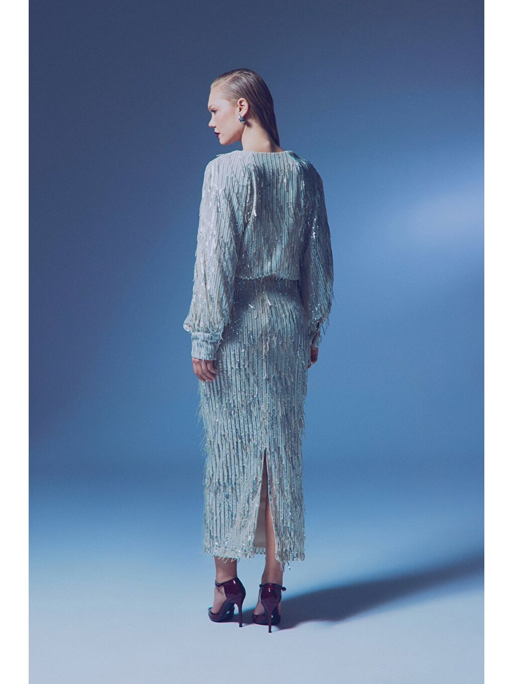 Gri Uzun Payetli Etek - Gümüş-7