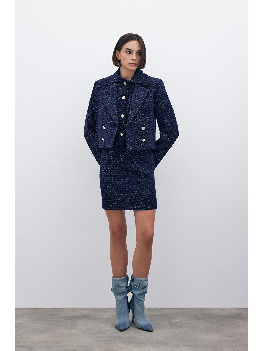 Simli Mini Tüvit Etek - Lacivert