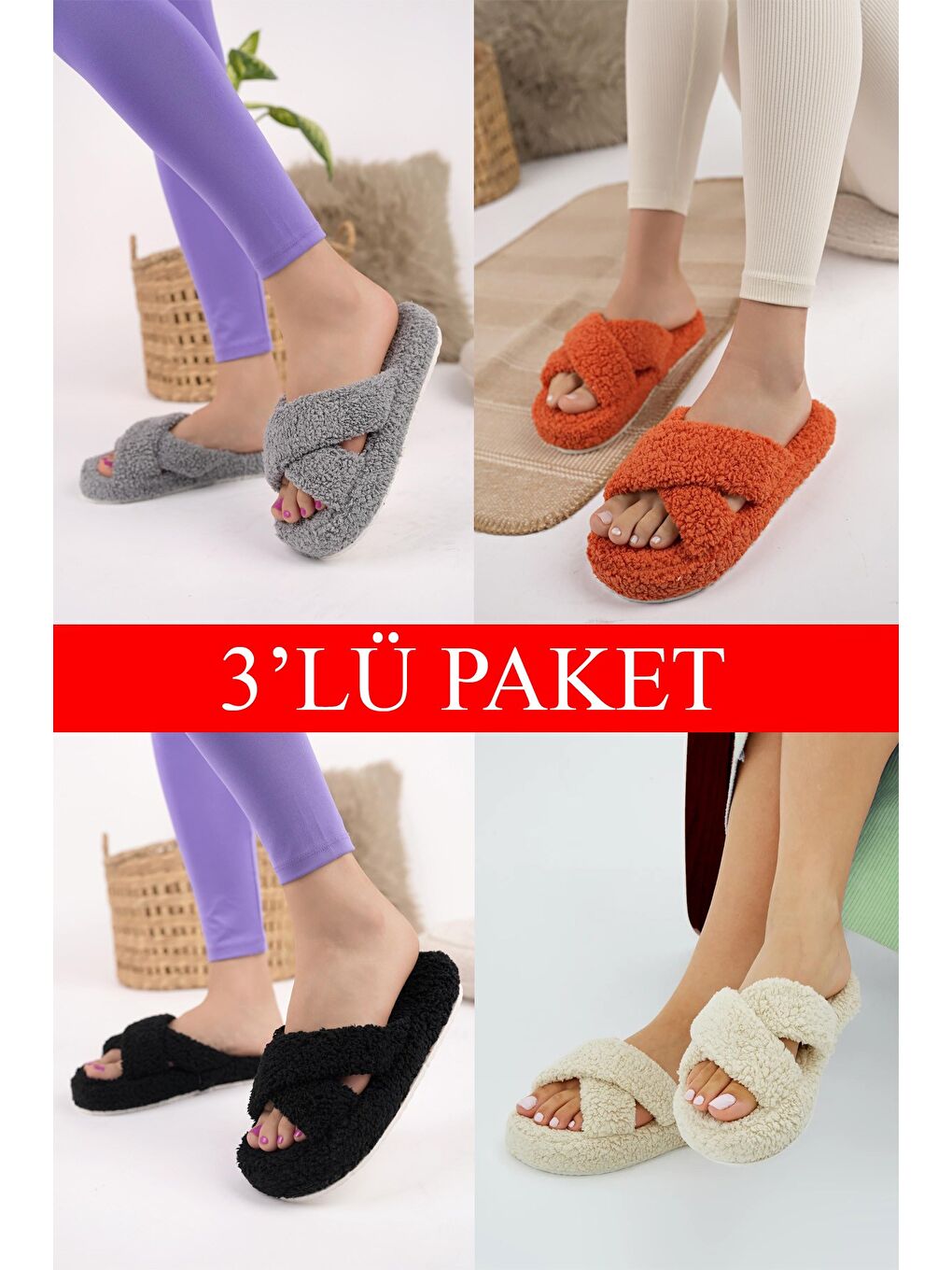 Karışık 3'lü Paket HAVLU ÇAPRAZ Kapalı Kadın Terlik Ev Terliği