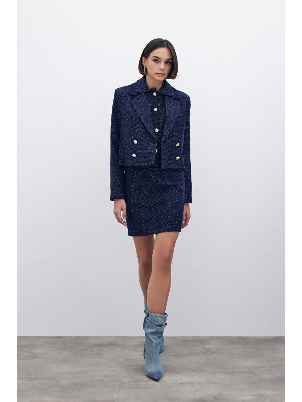 Simli Mini Tüvit Etek - Lacivert-1