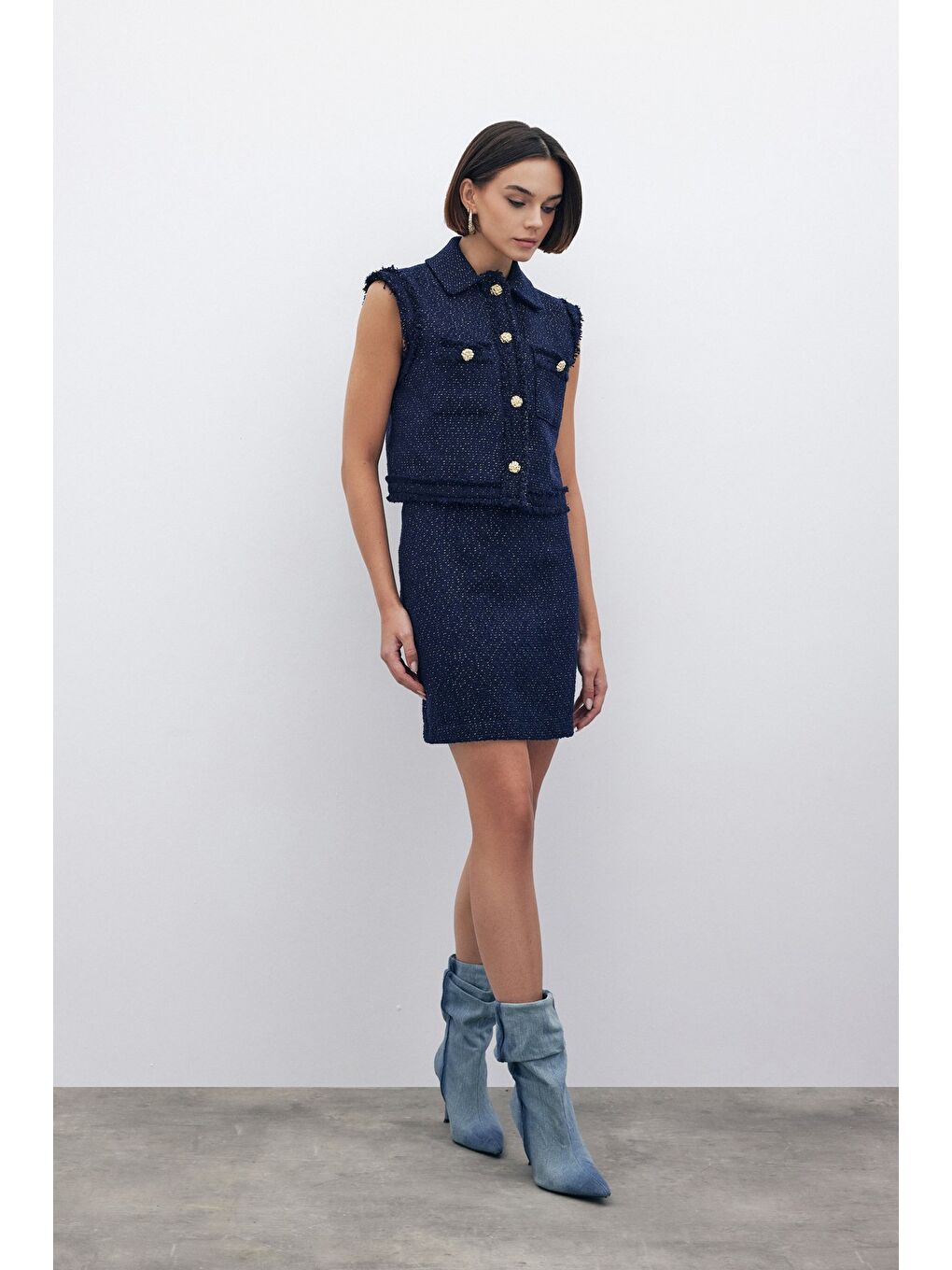 Simli Mini Tüvit Etek - Lacivert-2