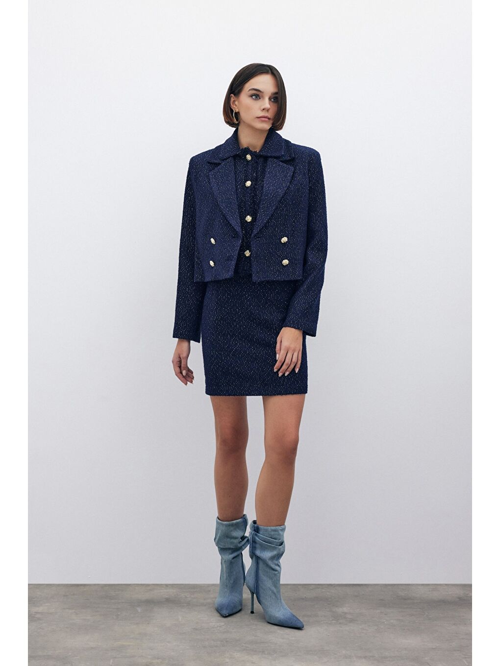 Simli Mini Tüvit Etek - Lacivert-3