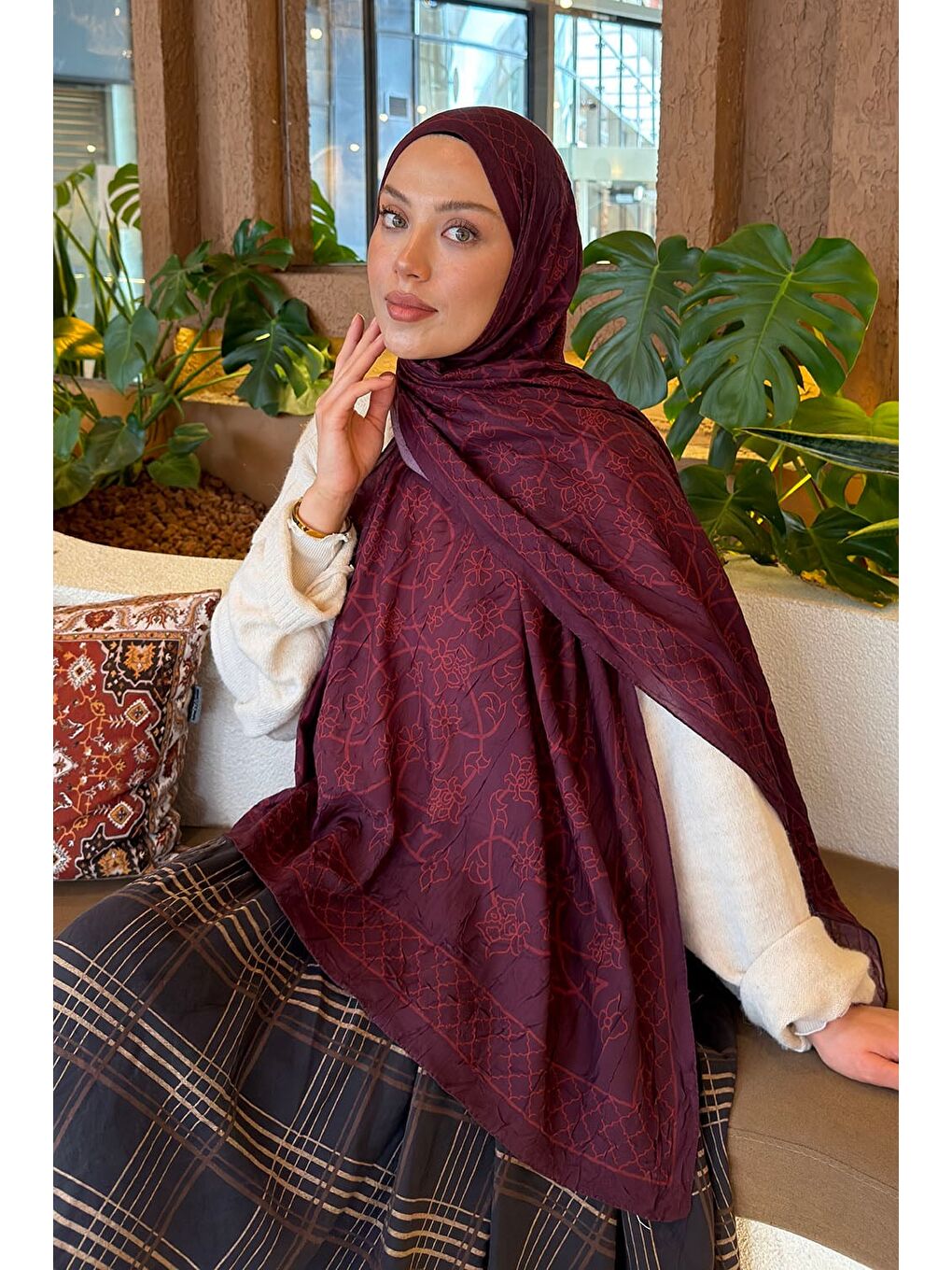 Geometrik Desen Bambu Şal Koyu Bordo-1