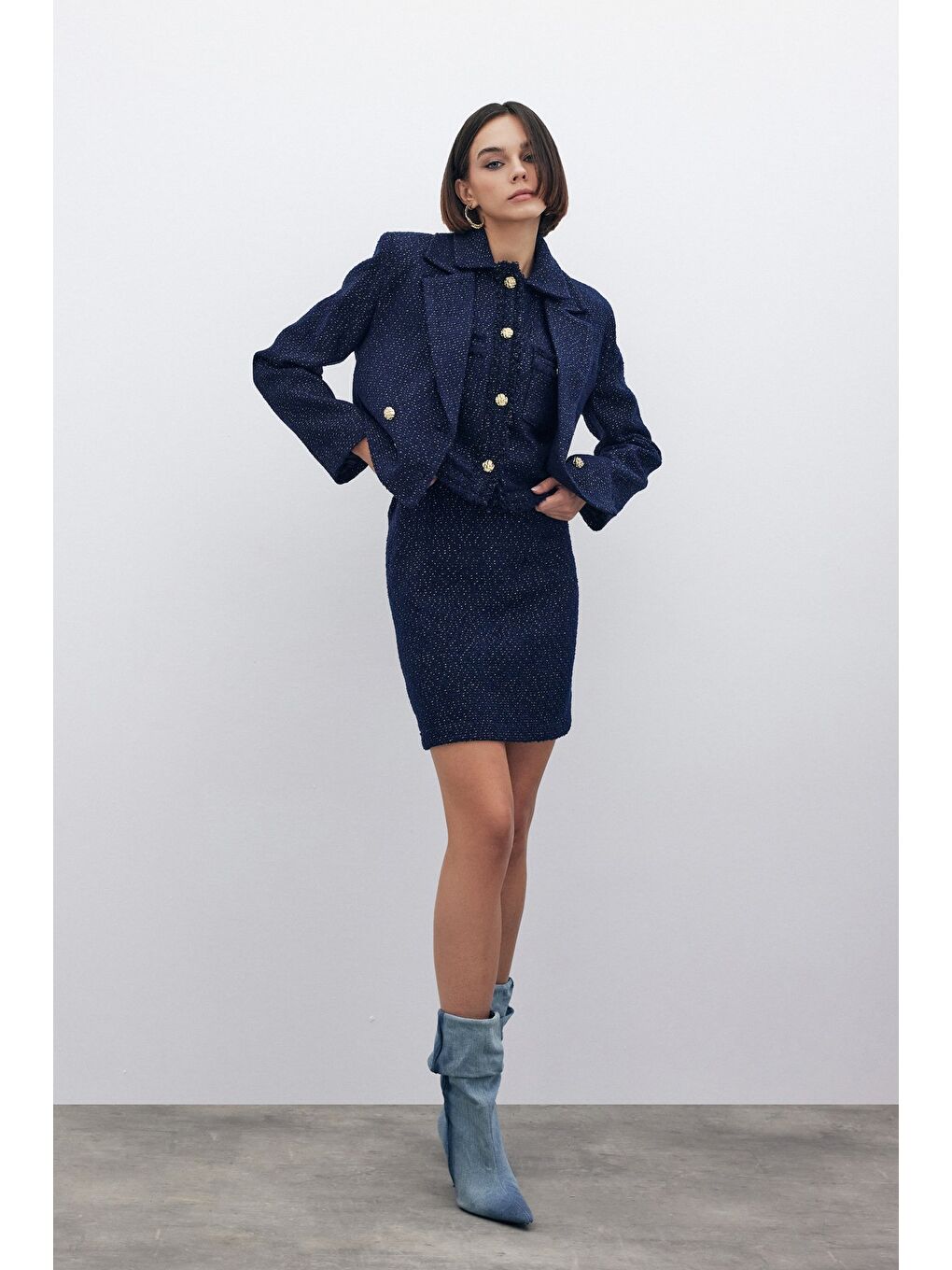 Simli Mini Tüvit Etek - Lacivert-4