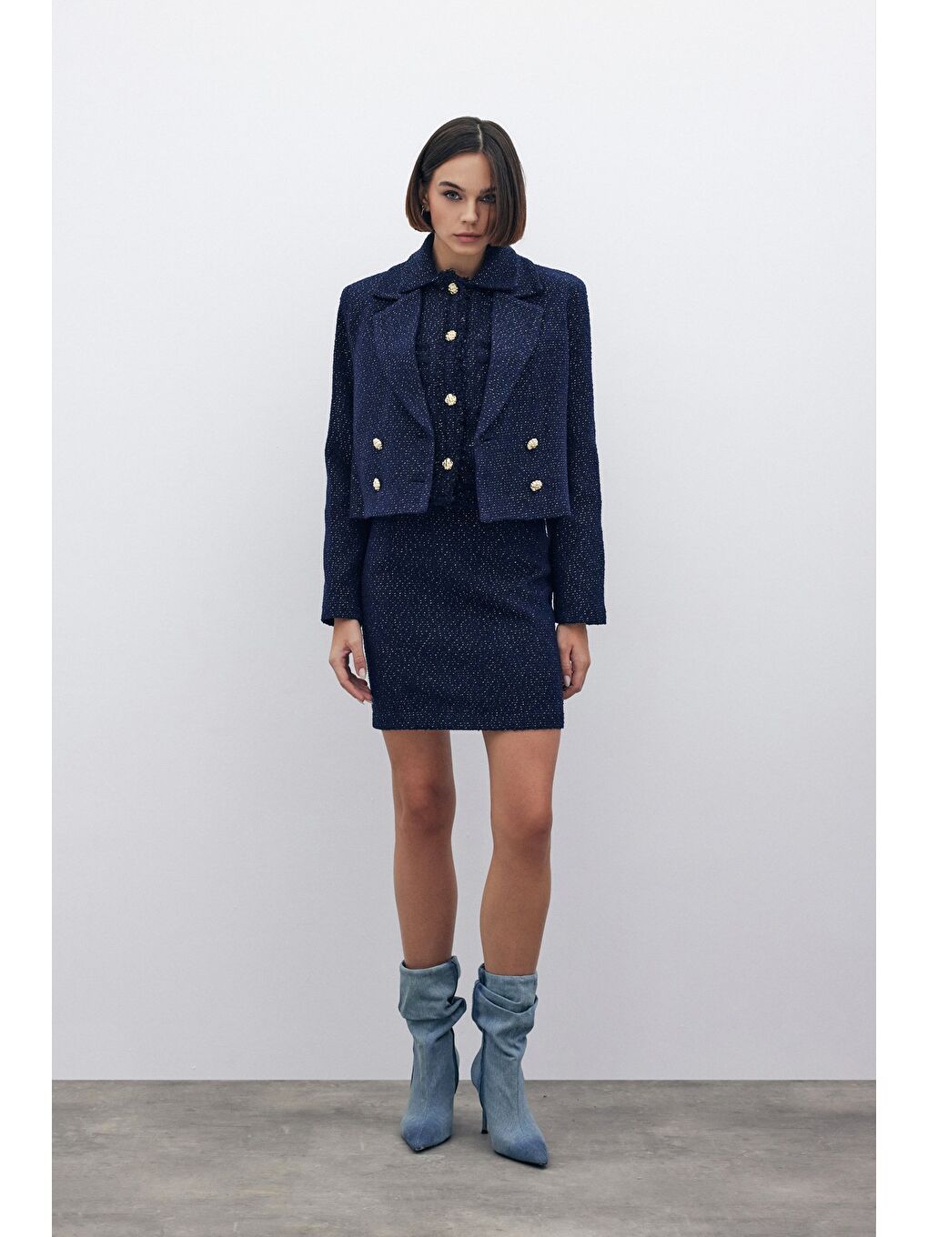 Simli Mini Tüvit Etek - Lacivert-5