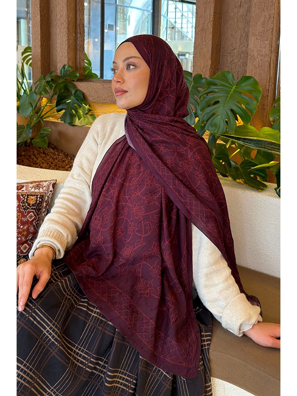 Geometrik Desen Bambu Şal Koyu Bordo-2