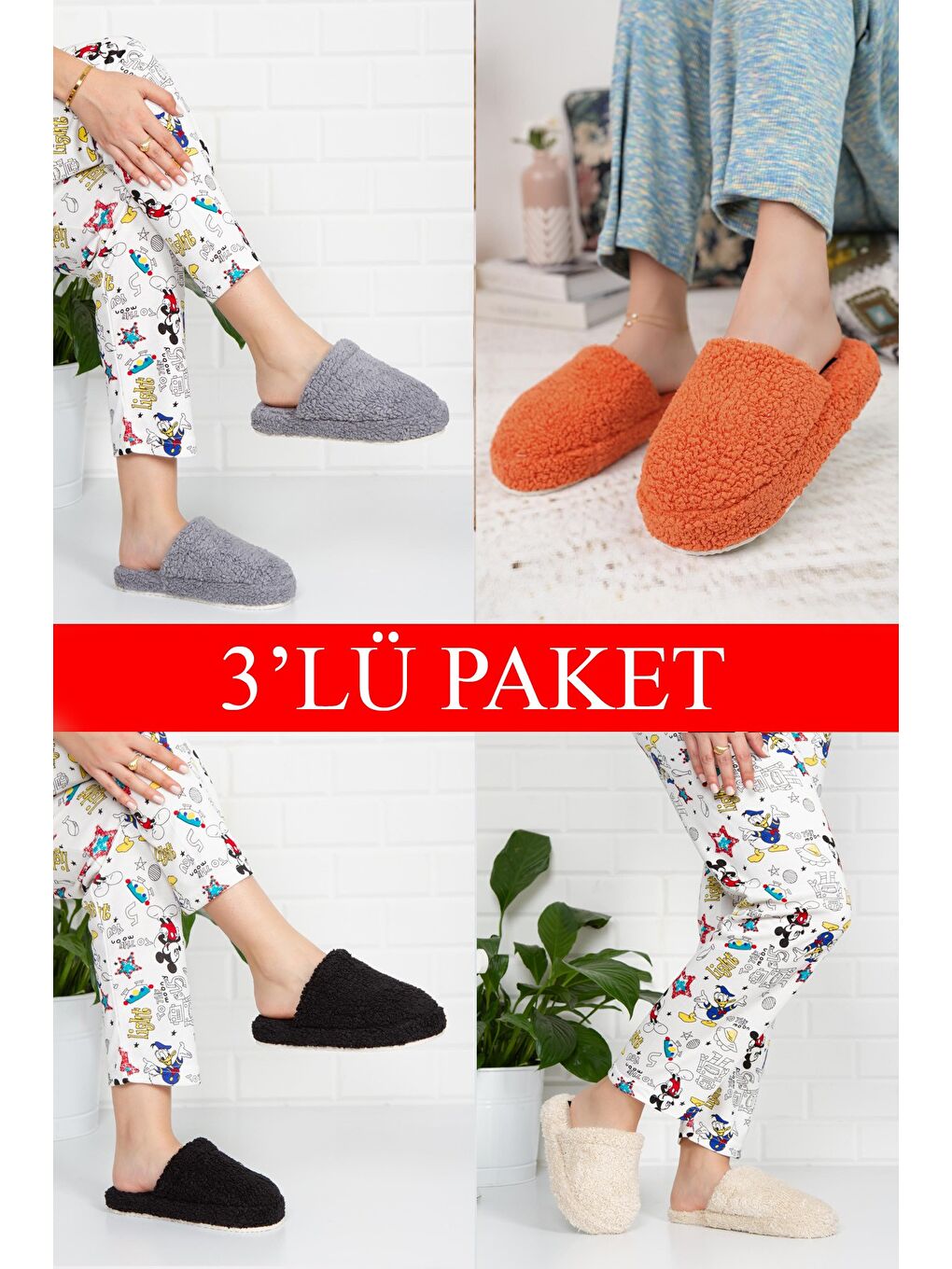 Karışık 3'lü Paket HAVLU KAPALI Kapalı Kadın Terlik Ev Terliği