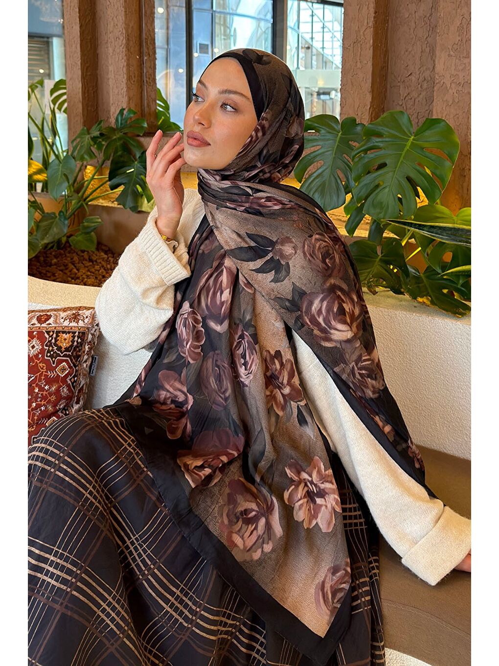 Çiçek Desen Bambu Şal Koyu Yeşil-2