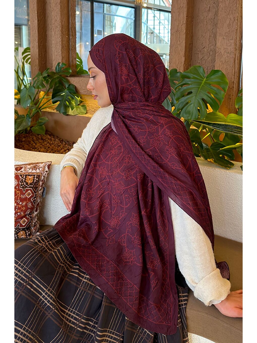 Geometrik Desen Bambu Şal Koyu Bordo-3