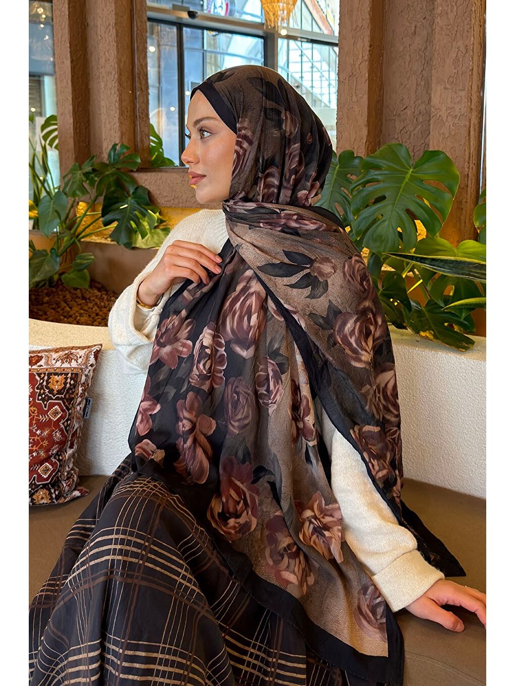 Çiçek Desen Bambu Şal Koyu Yeşil-3