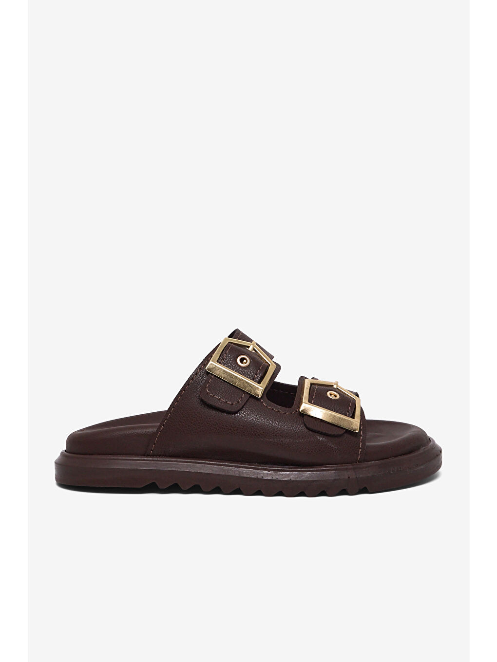 Kahverengi Kadın Kahve Rahat Kalıp Çift Bantlı Toka Detaylı Terlik