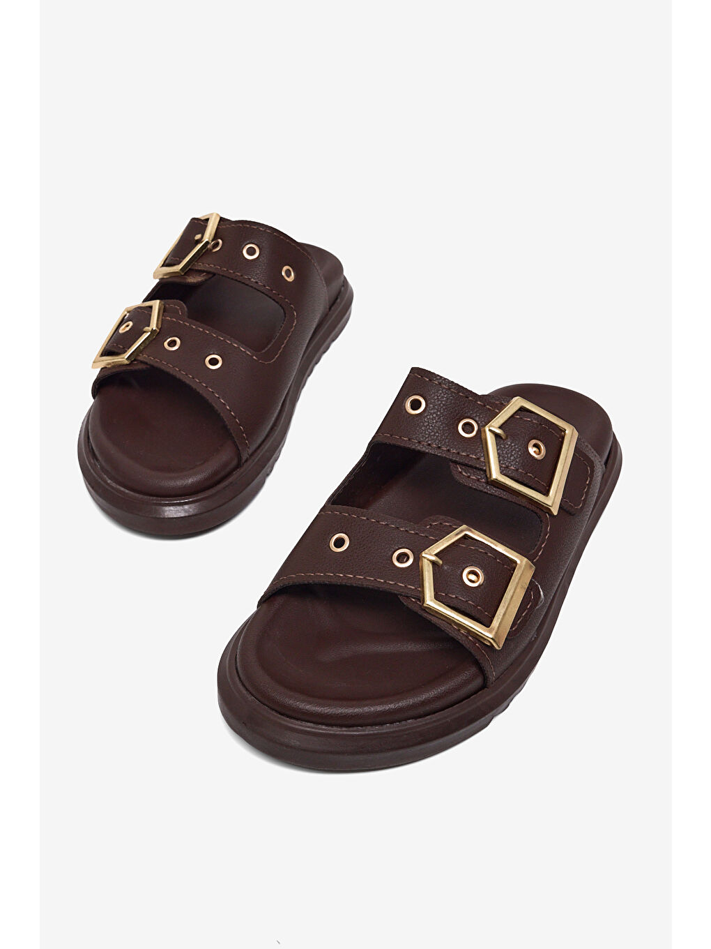 Kahverengi Kadın Kahve Rahat Kalıp Çift Bantlı Toka Detaylı Terlik-1