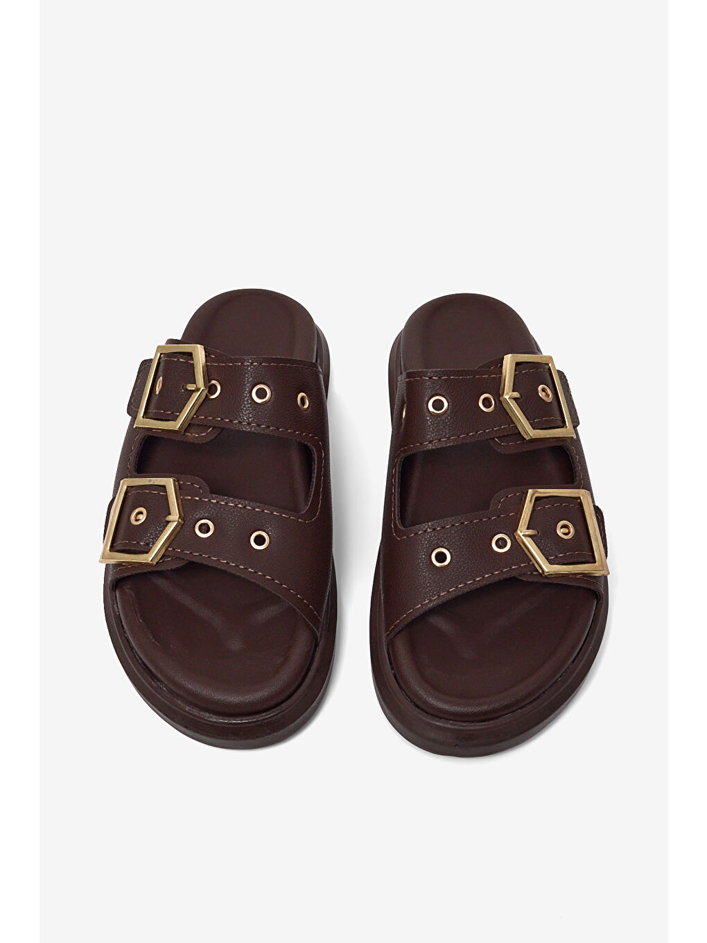 Kahverengi Kadın Kahve Rahat Kalıp Çift Bantlı Toka Detaylı Terlik-2