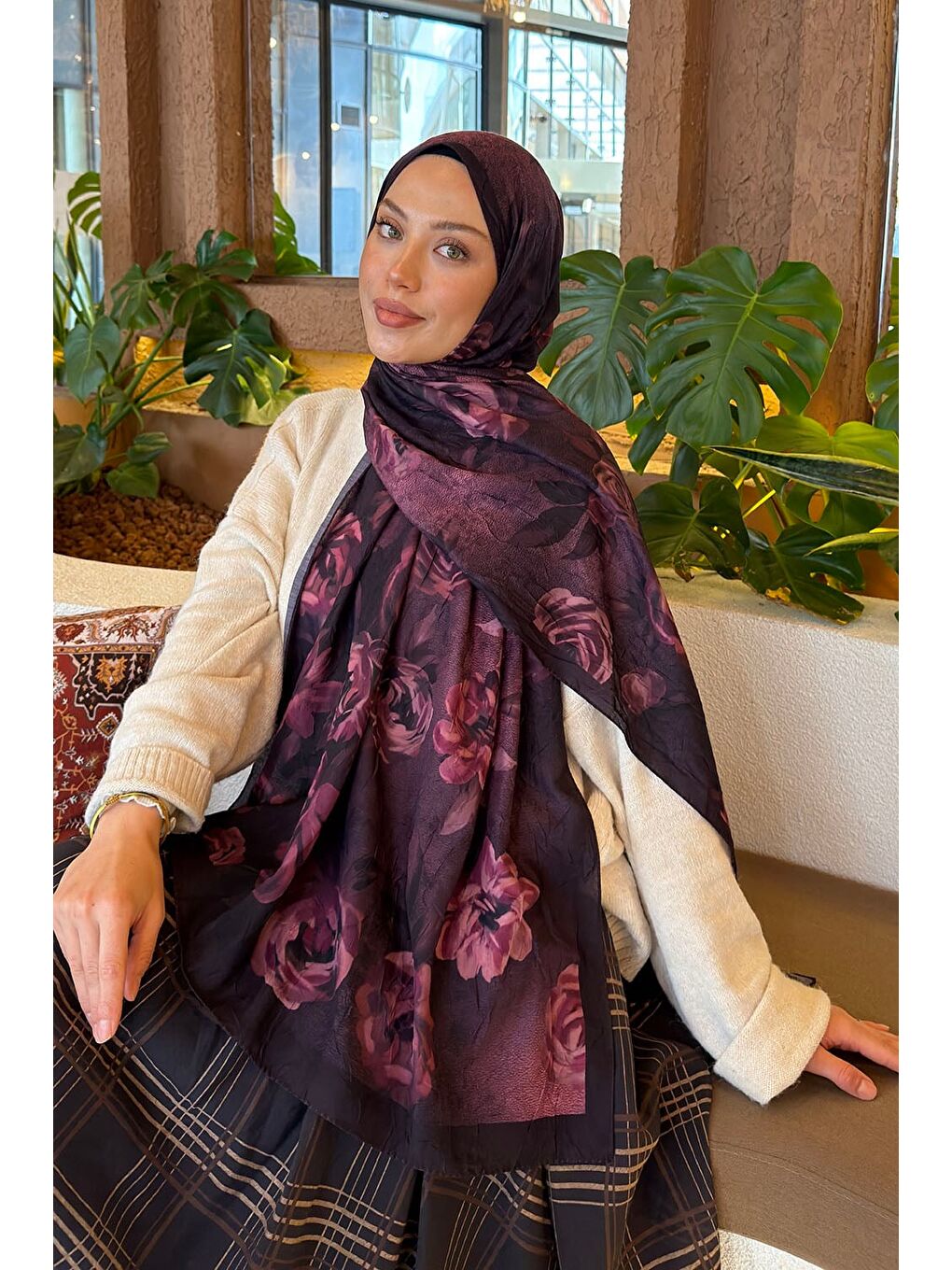 Çiçek Desen Bambu Şal Mürdüm