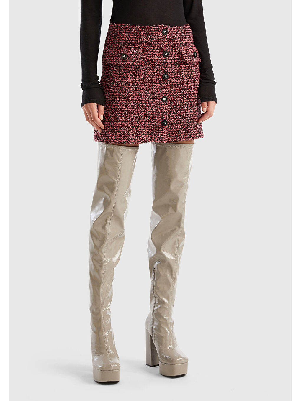 Kadın Pembe Mix Yün Karışımlı Tüvit Mini Etek