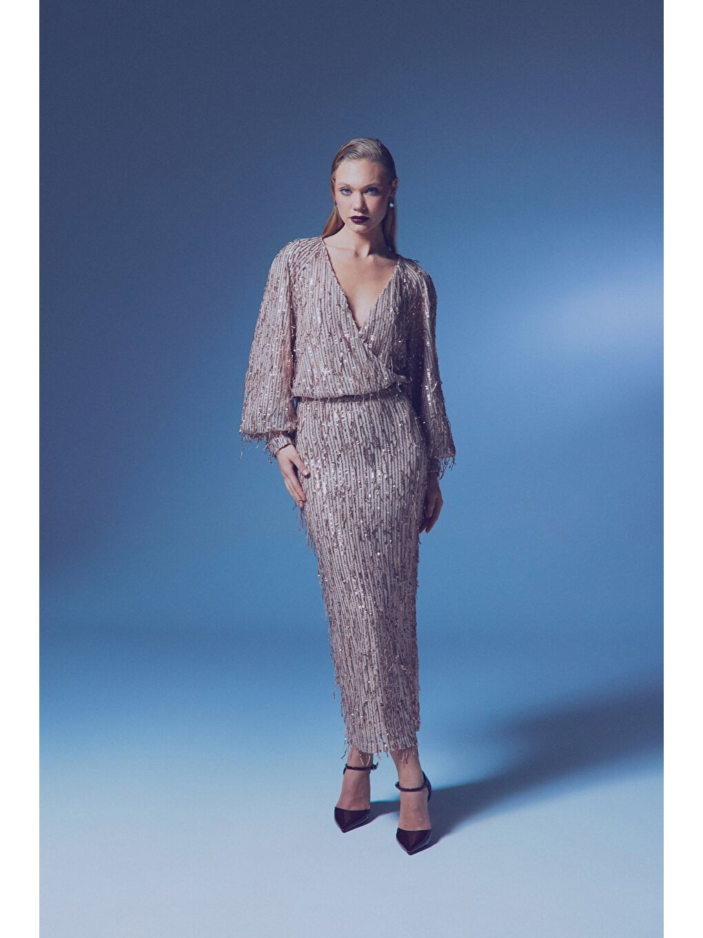 Turuncu Uzun Payetli Etek - Bakır-1