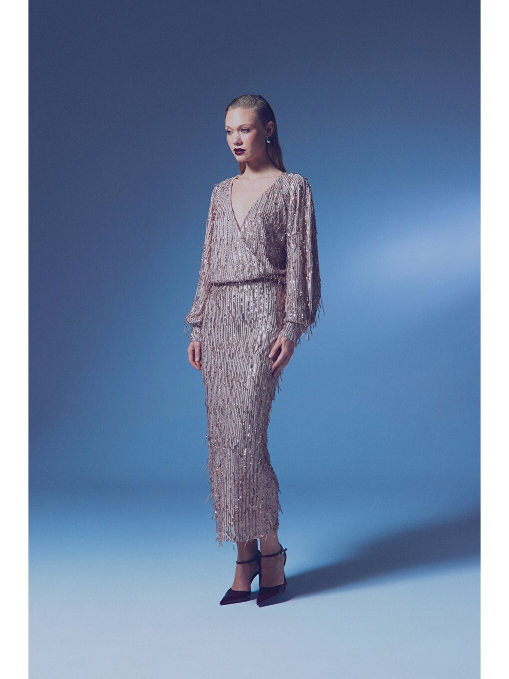 Turuncu Uzun Payetli Etek - Bakır-3