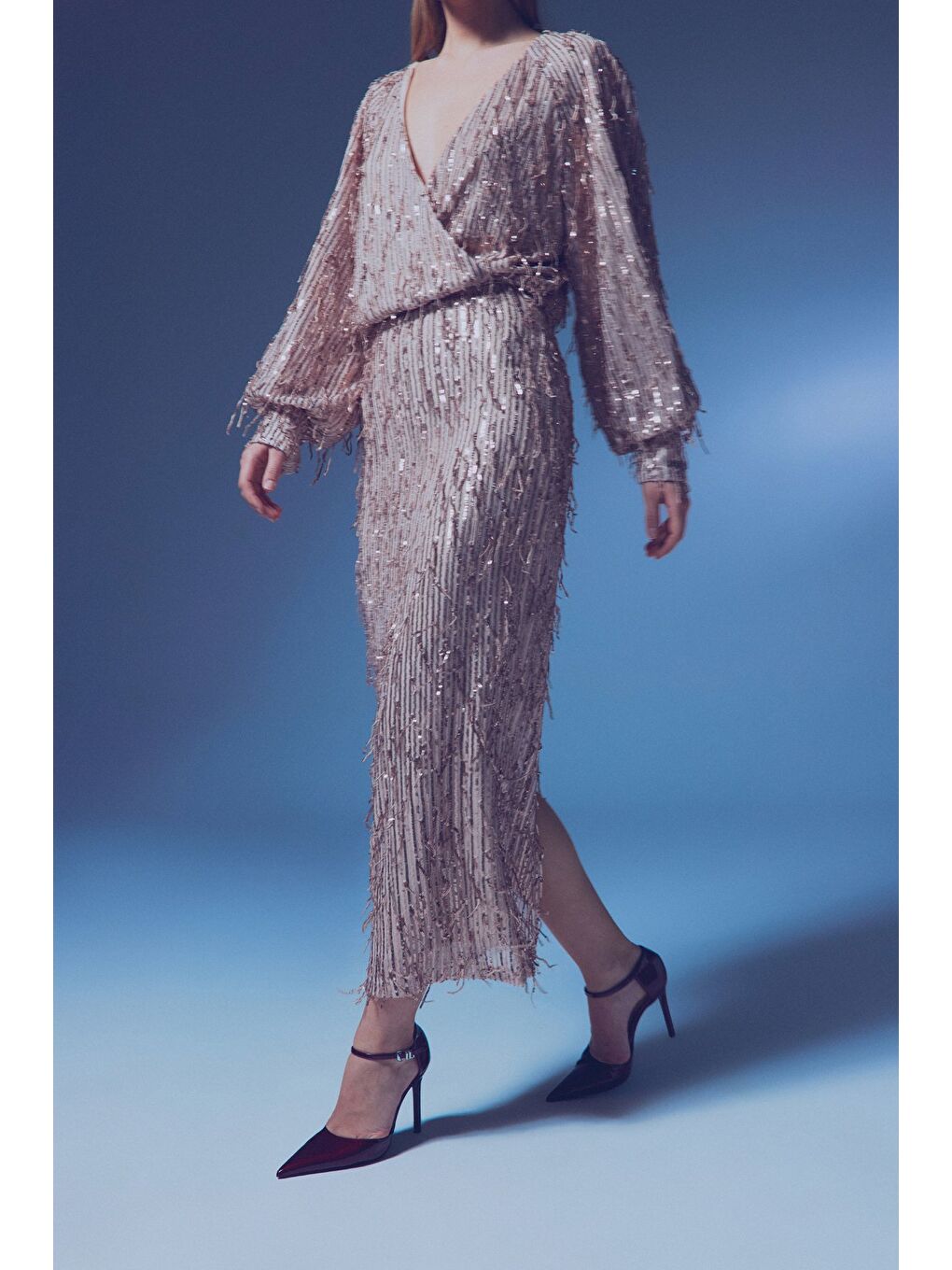 Turuncu Uzun Payetli Etek - Bakır-4