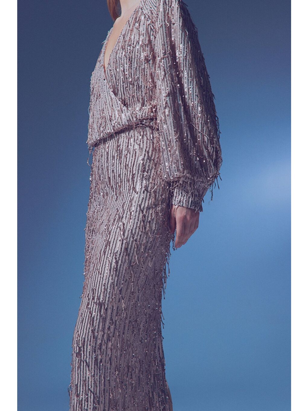 Turuncu Uzun Payetli Etek - Bakır-5