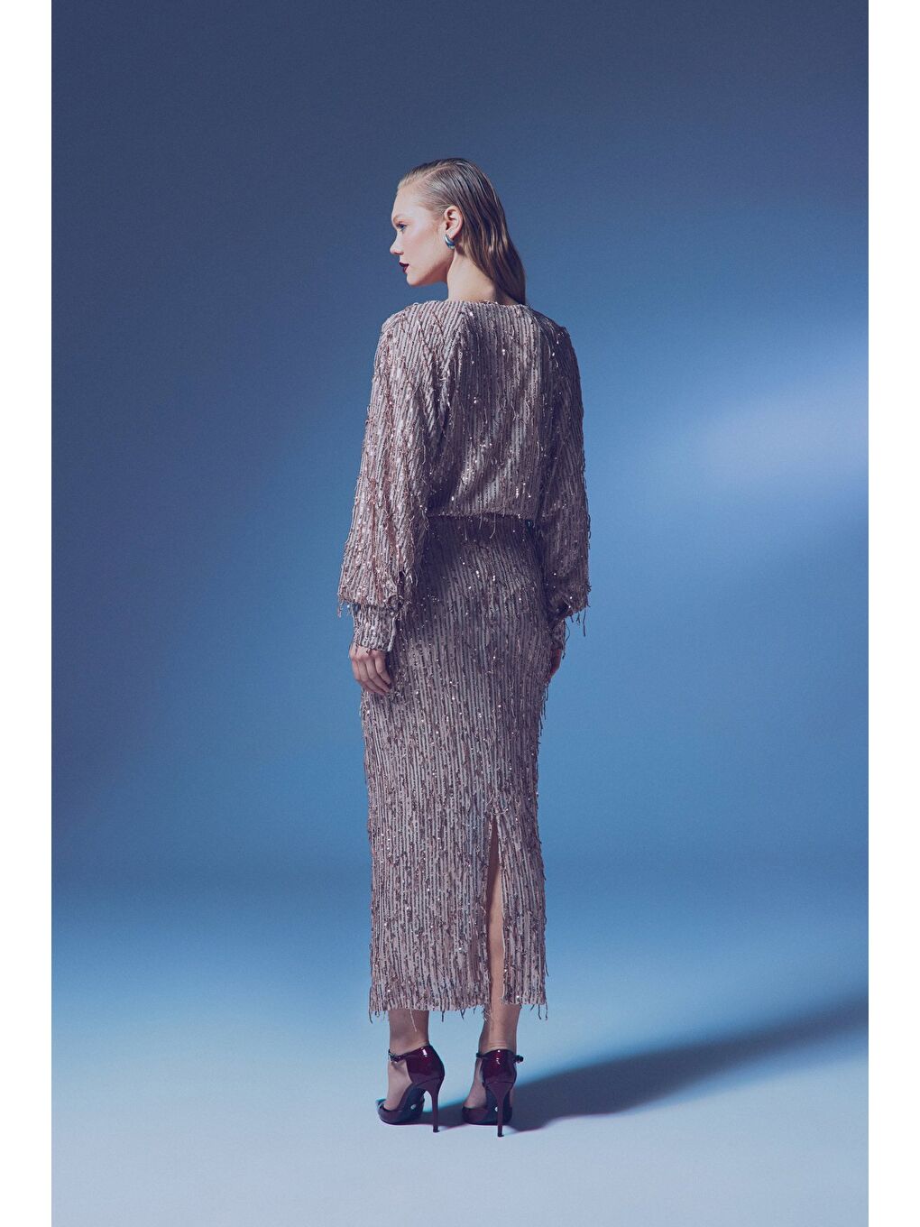 Turuncu Uzun Payetli Etek - Bakır-6