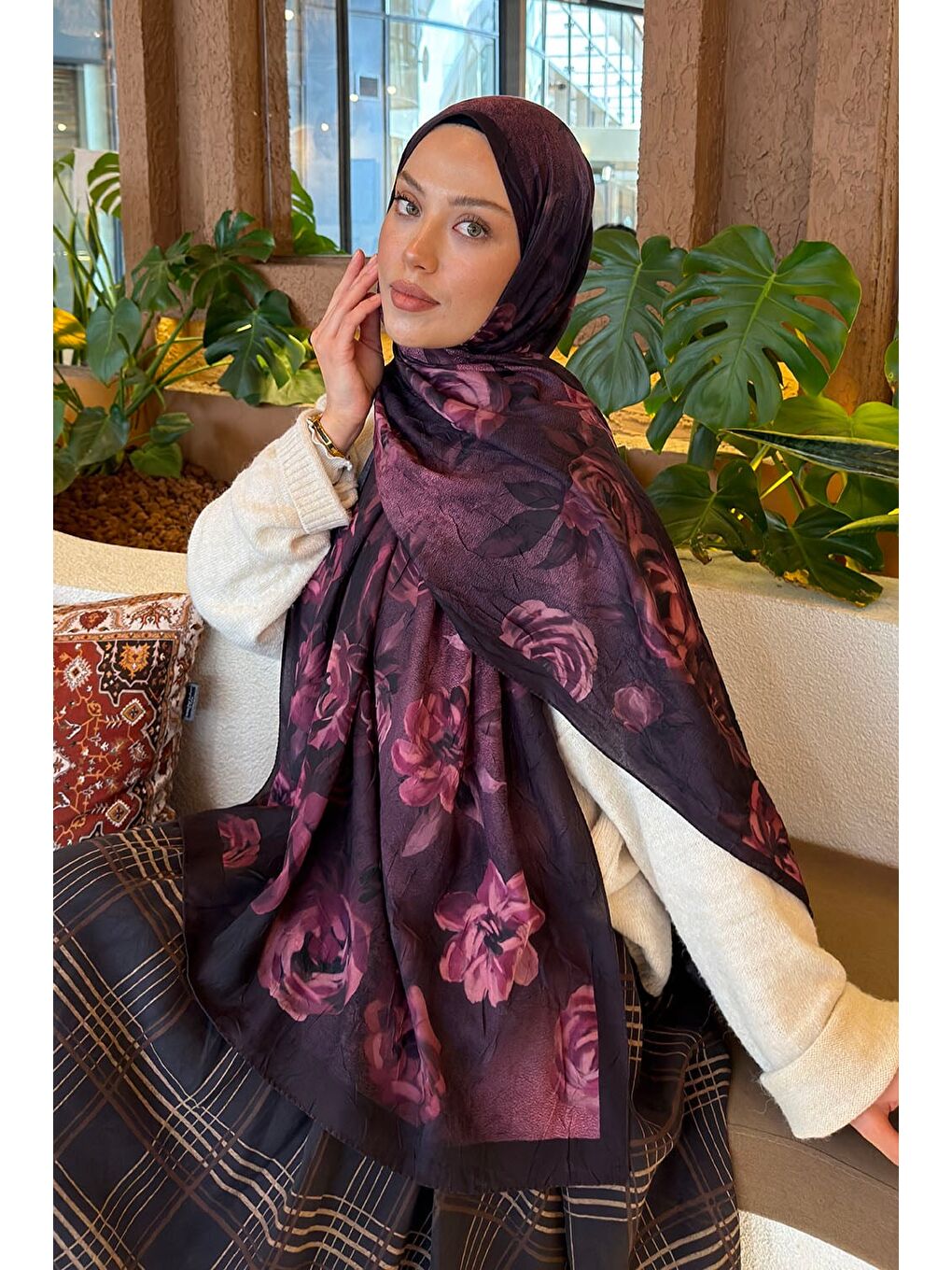 Çiçek Desen Bambu Şal Mürdüm-1