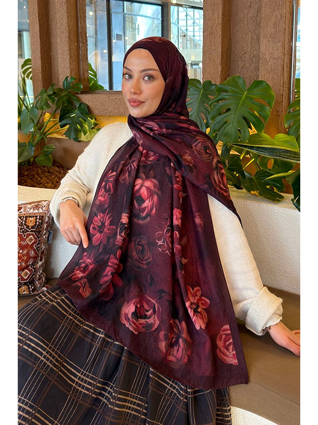 Çiçek Desen Bambu Şal Koyu Bordo-1