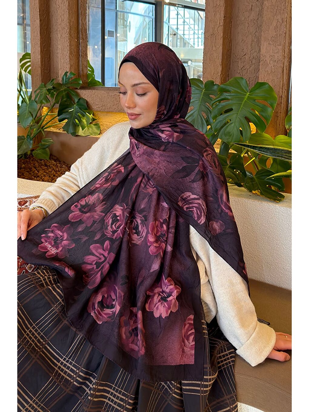 Çiçek Desen Bambu Şal Mürdüm-2