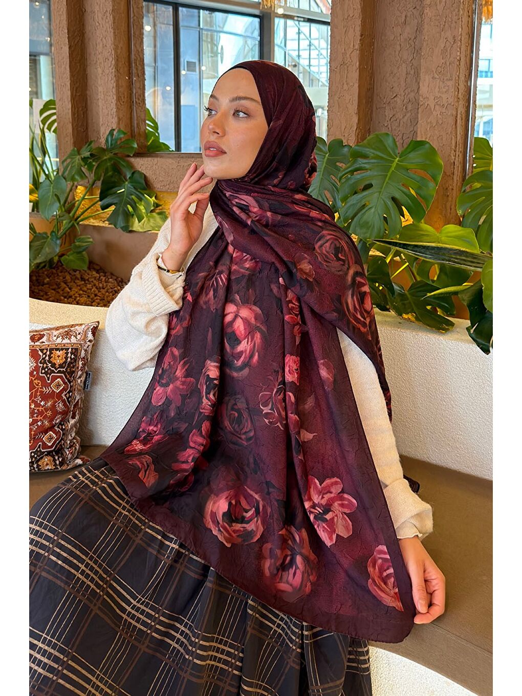 Çiçek Desen Bambu Şal Koyu Bordo-2