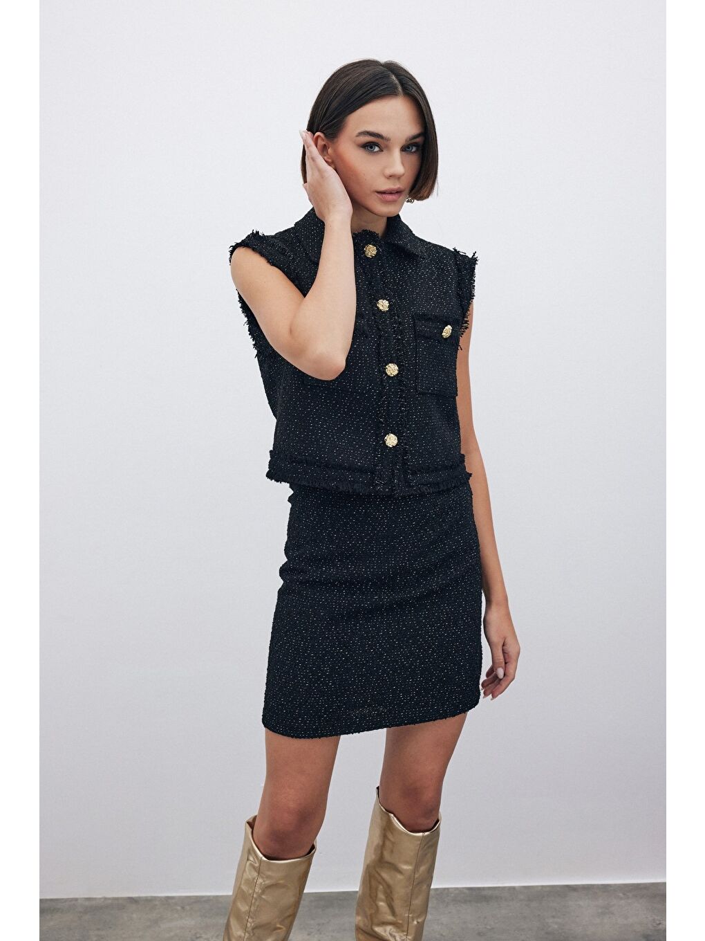 Simli Mini Tüvit Etek - Siyah