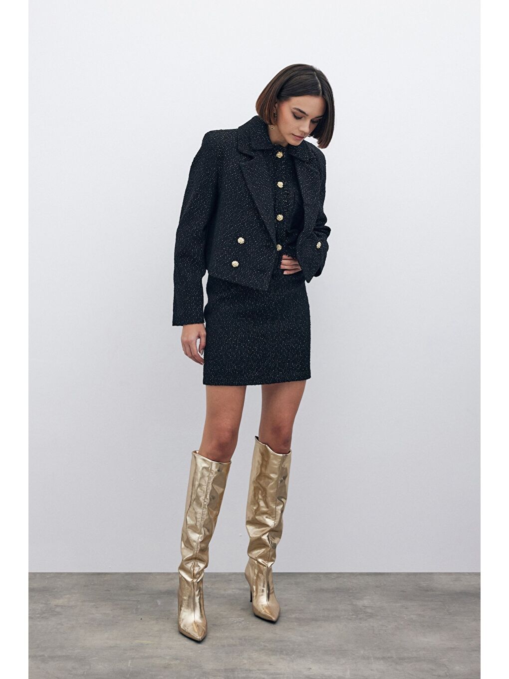 Simli Mini Tüvit Etek - Siyah-1