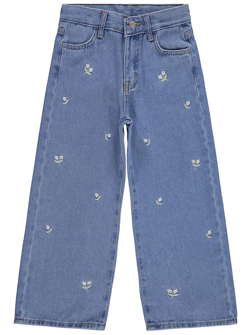 Girls Çiçek Nakışlı 10-13 Yaş Pantolon Jean - Mavi