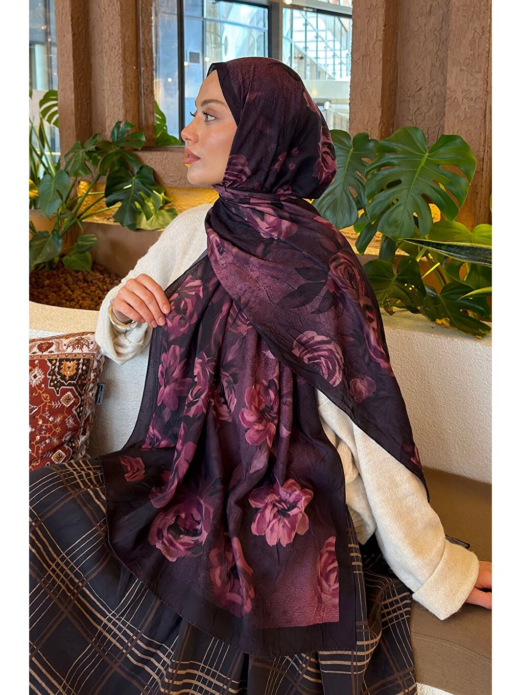 Çiçek Desen Bambu Şal Mürdüm-3