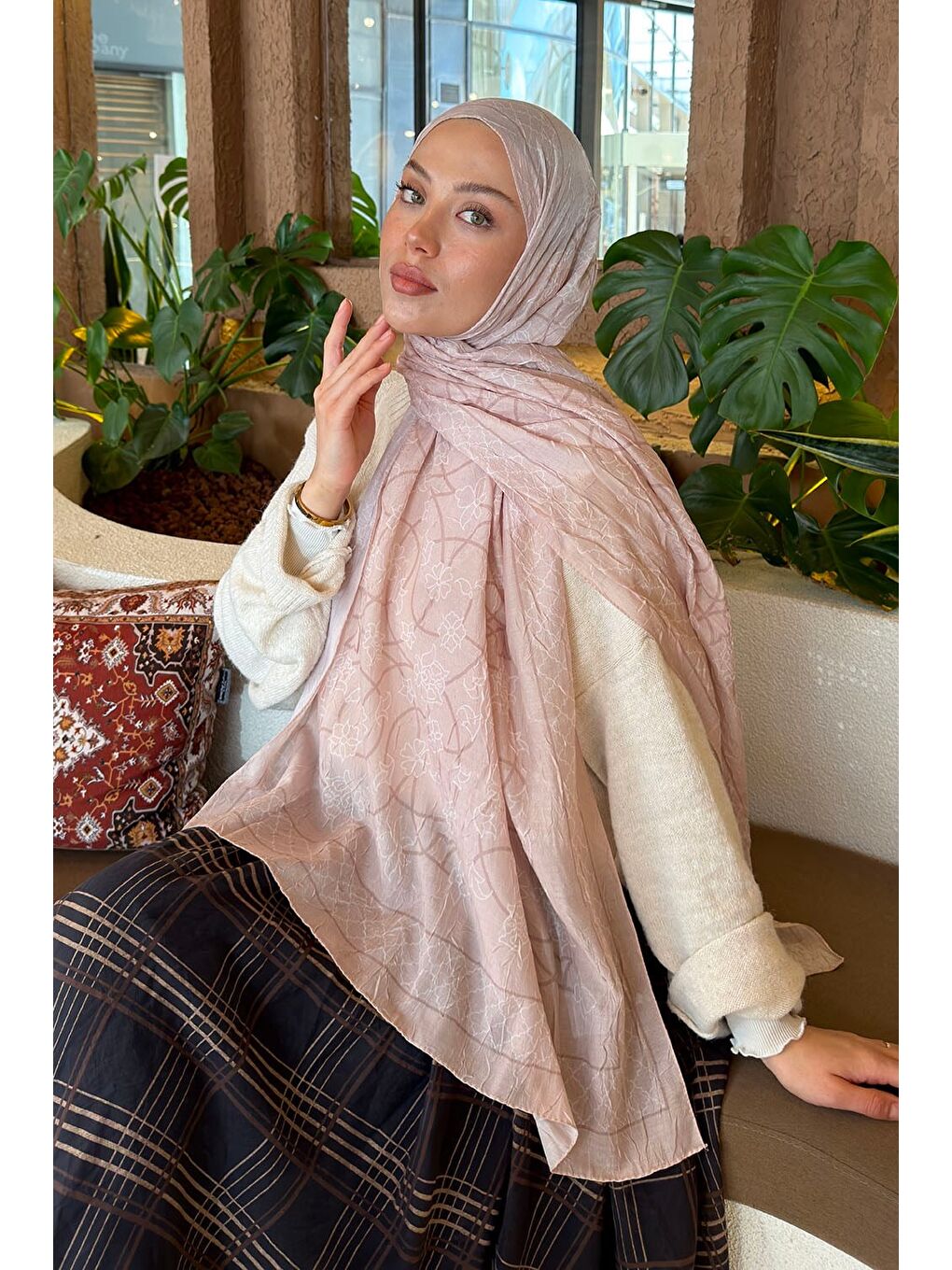 Geometrik Desen Bambu Şal Bej-1