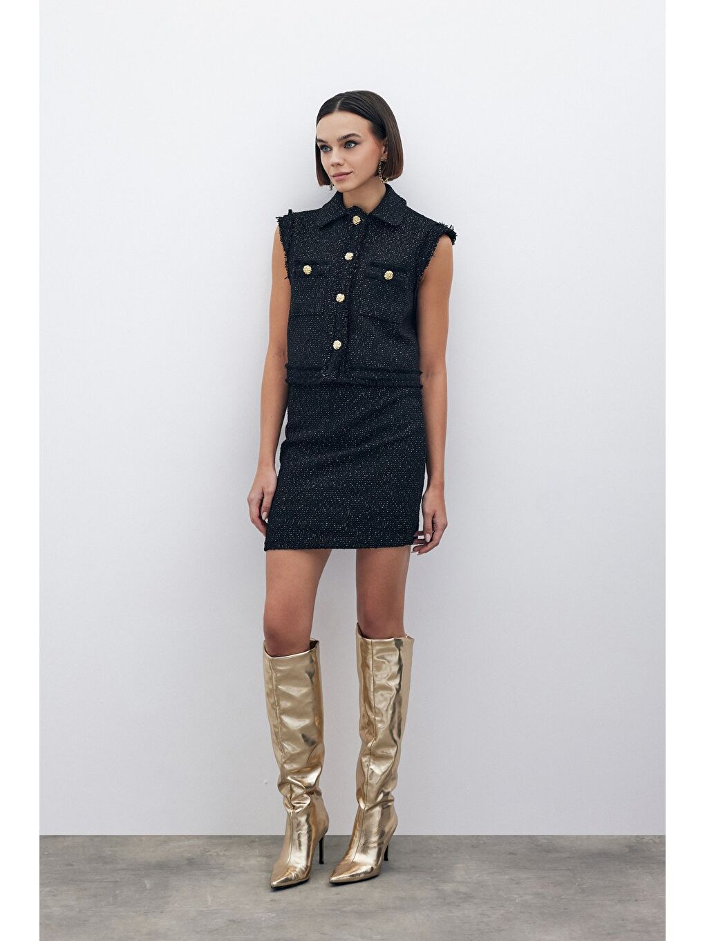 Simli Mini Tüvit Etek - Siyah-3