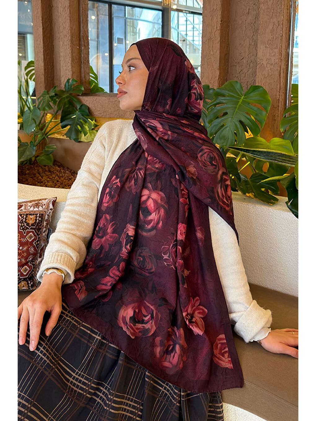 Çiçek Desen Bambu Şal Koyu Bordo-3