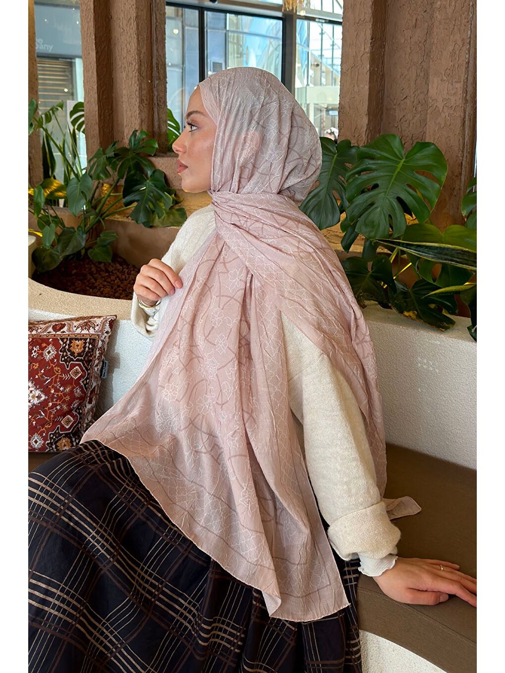 Geometrik Desen Bambu Şal Bej-3