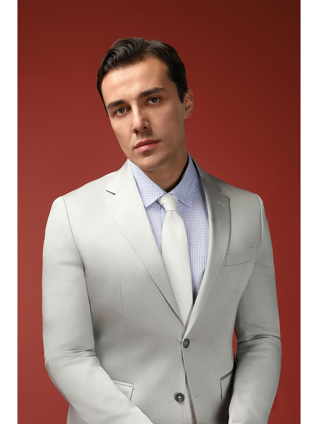 Bej Slim Fit Dar Kesim Pamuklu Lyocell Klasik Takım Elbise-1