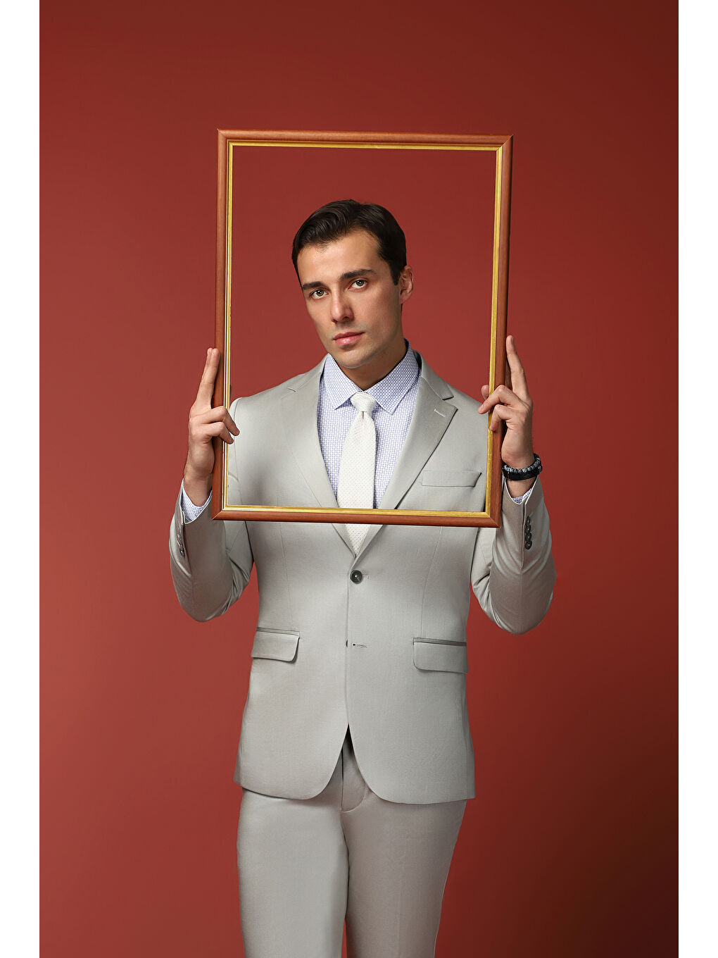 Bej Slim Fit Dar Kesim Pamuklu Lyocell Klasik Takım Elbise-2